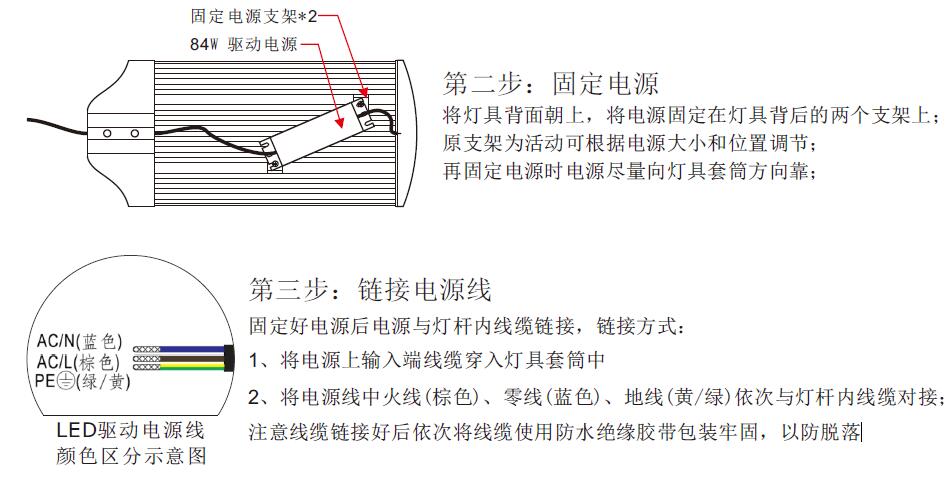 东莞91香蕉视频在线下载照明W平板LED路灯头安装第二步固定电源及输入线缆接线方式