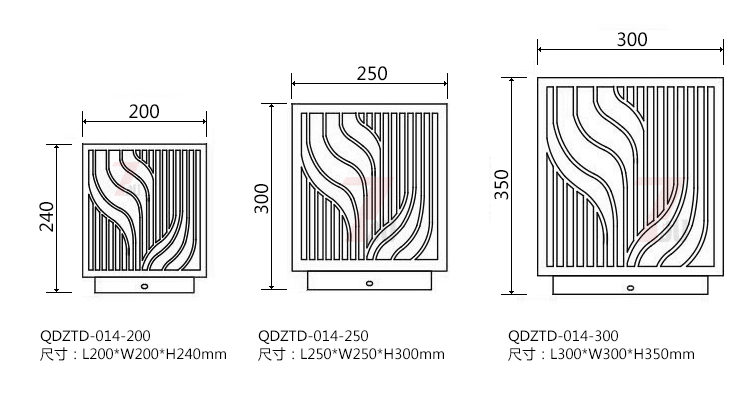 (QDZTD-014)古铜拉丝割花方形矮柱柱头灯200mm、250mm、300mm尺寸示意图