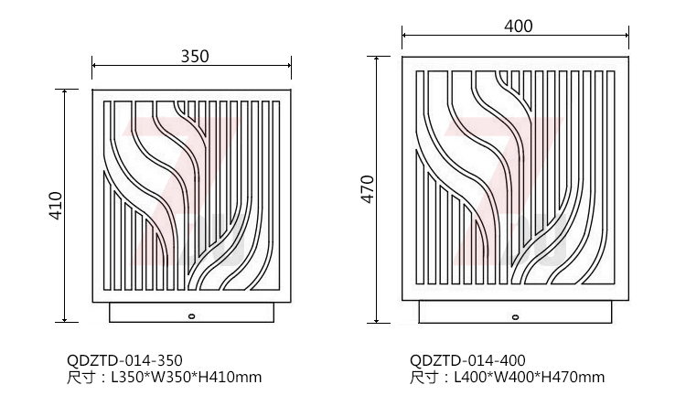 (QDZTD-014)古铜拉丝割花方形矮柱柱头灯350mm、400mm大规格尺寸示意图